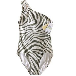 Michael Kors Zebra Print One Shoulder Ring Logo One Piece Swimsuit. Size 8 NWT